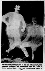 Champion Fives players of the late 19th century, Dick Robinson (standing), of Spennymoor and Bill Scott, of Kelloe, 1883.