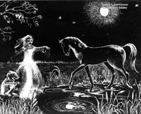 Three of the five Tudhoe Ghosts portrayed in Verna Buckley's scraperboard work.